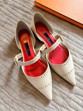 Carolina Herrera Cream Pointed Mary Jane Flats with Red Insole